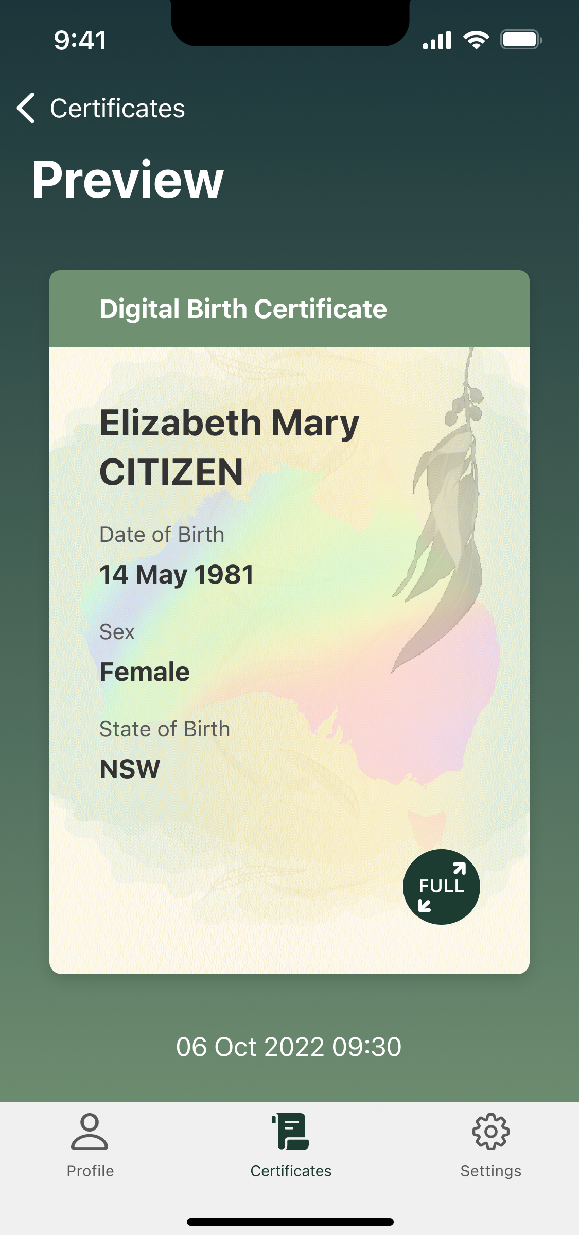 Certificate preview screens